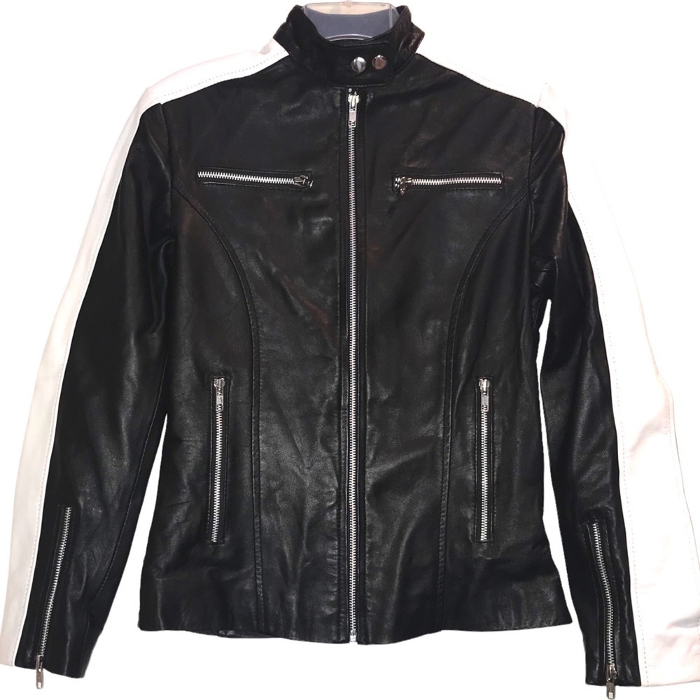 Sourock Leather Moto Biker Jacket Zip Up Woman’s Small Slim Fit Racing Stripe